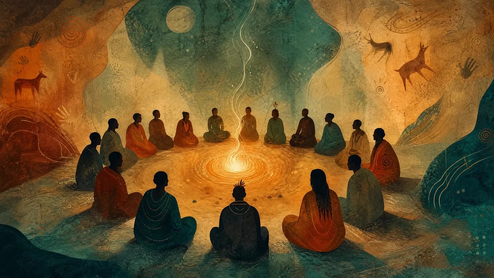 An illustrated gathering seated in a traditional talking circle